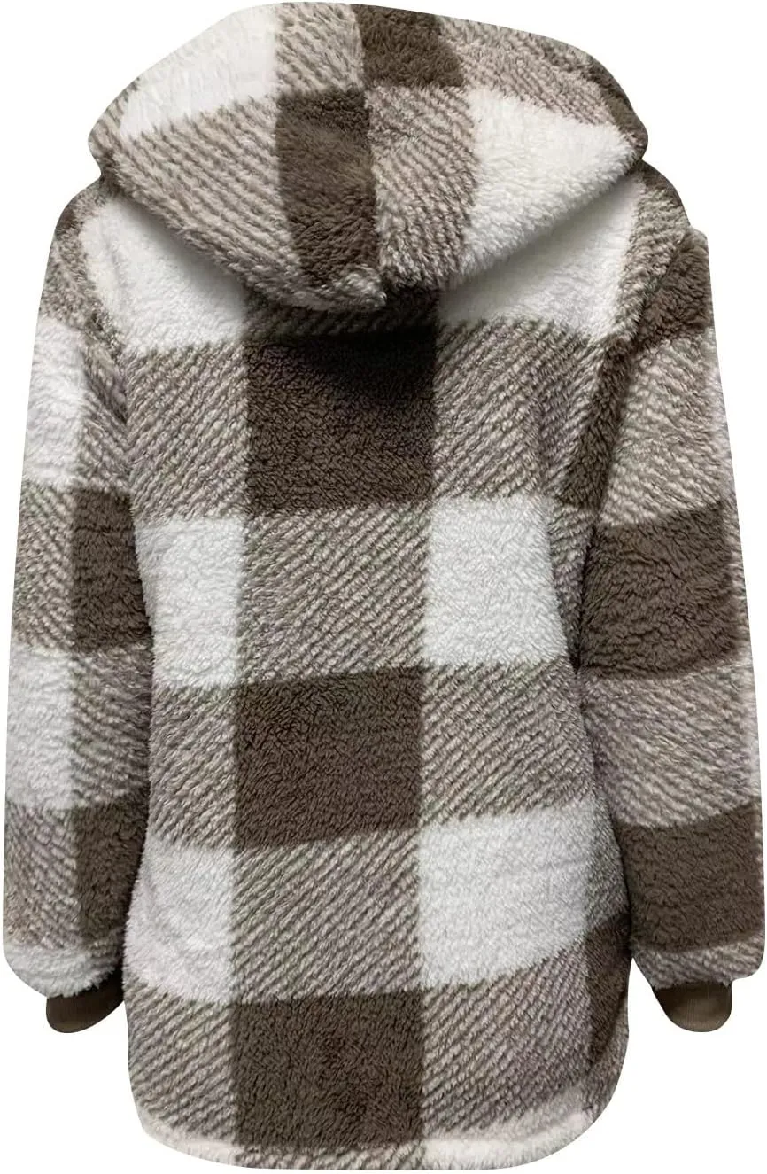Long Winter Coats for Women Plaid Fuzzy Fleece Plus Size Zip Up Hoodies Casual Comfy Faux Fur Jacket with Pockets