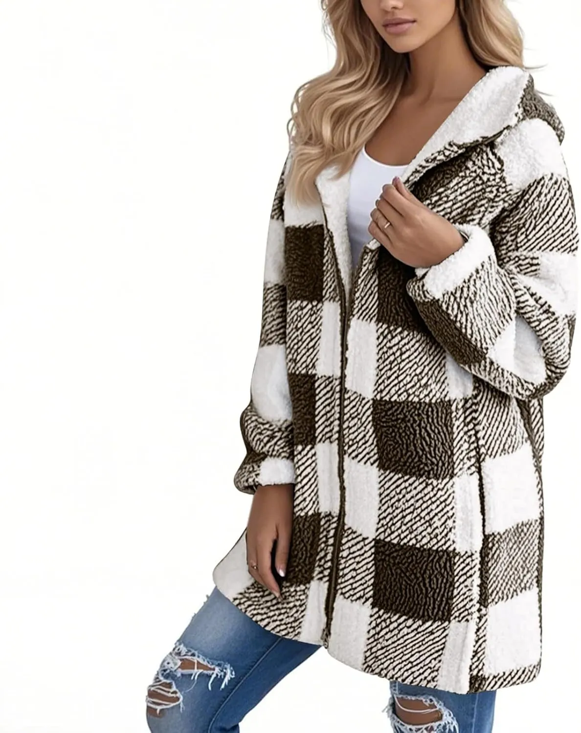 Long Winter Coats for Women Plaid Fuzzy Fleece Plus Size Zip Up Hoodies Casual Comfy Faux Fur Jacket with Pockets
