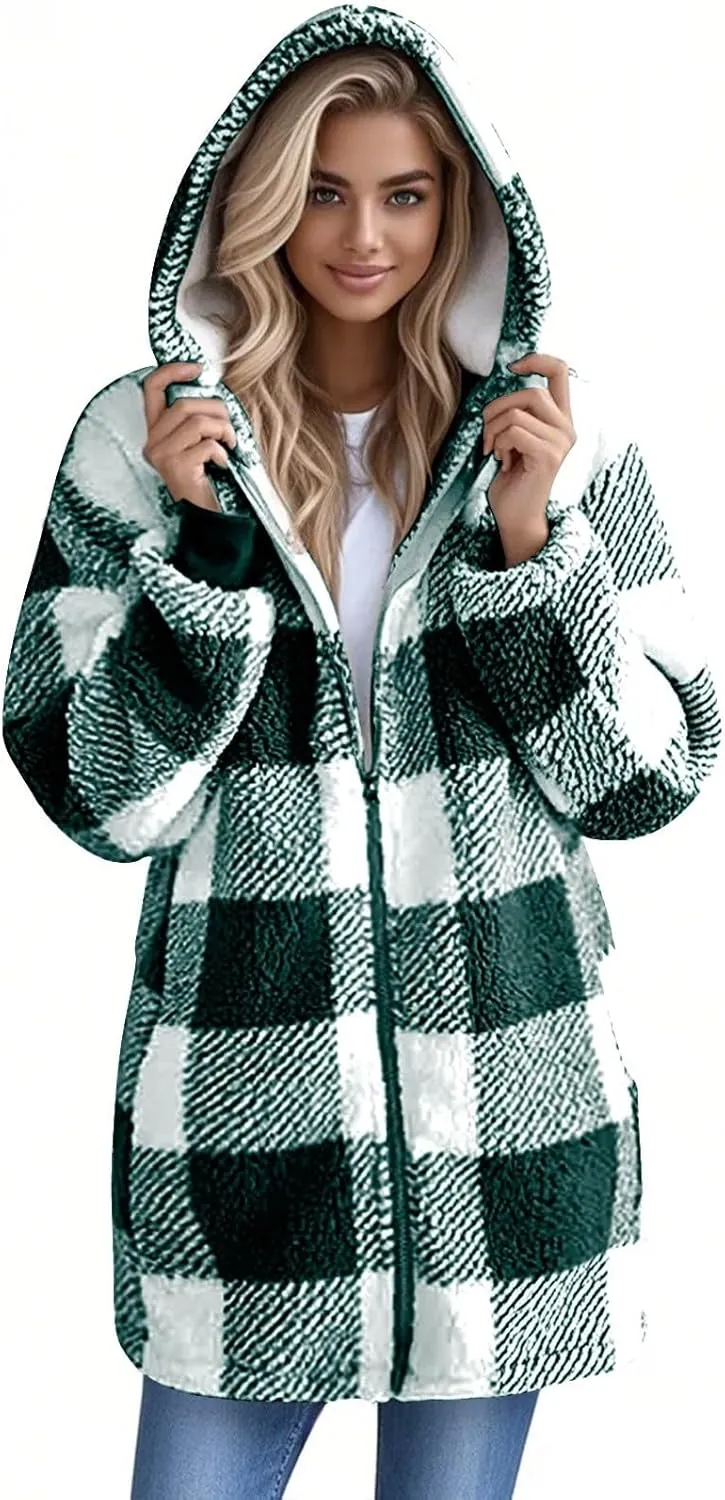 Long Winter Coats for Women Plaid Fuzzy Fleece Plus Size Zip Up Hoodies Casual Comfy Faux Fur Jacket with Pockets