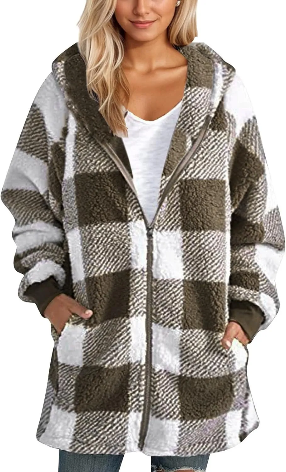 Long Winter Coats for Women Plaid Fuzzy Fleece Plus Size Zip Up Hoodies Casual Comfy Faux Fur Jacket with Pockets
