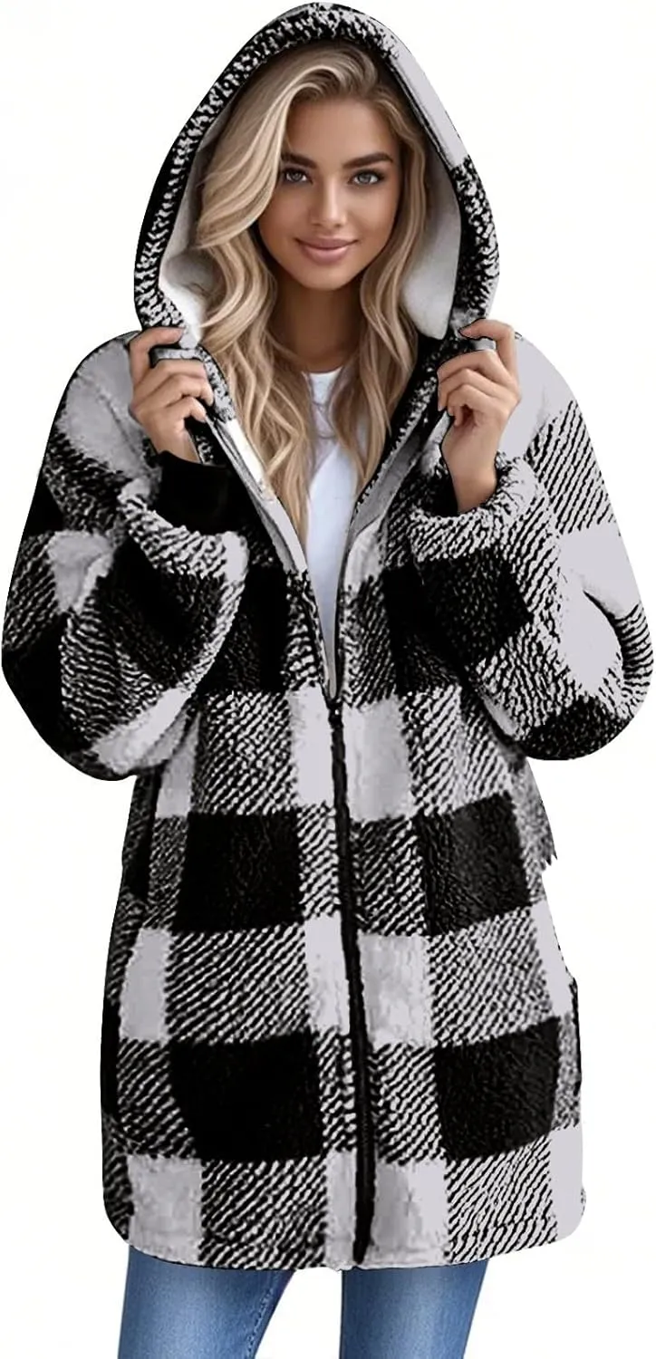 Long Winter Coats for Women Plaid Fuzzy Fleece Plus Size Zip Up Hoodies Casual Comfy Faux Fur Jacket with Pockets