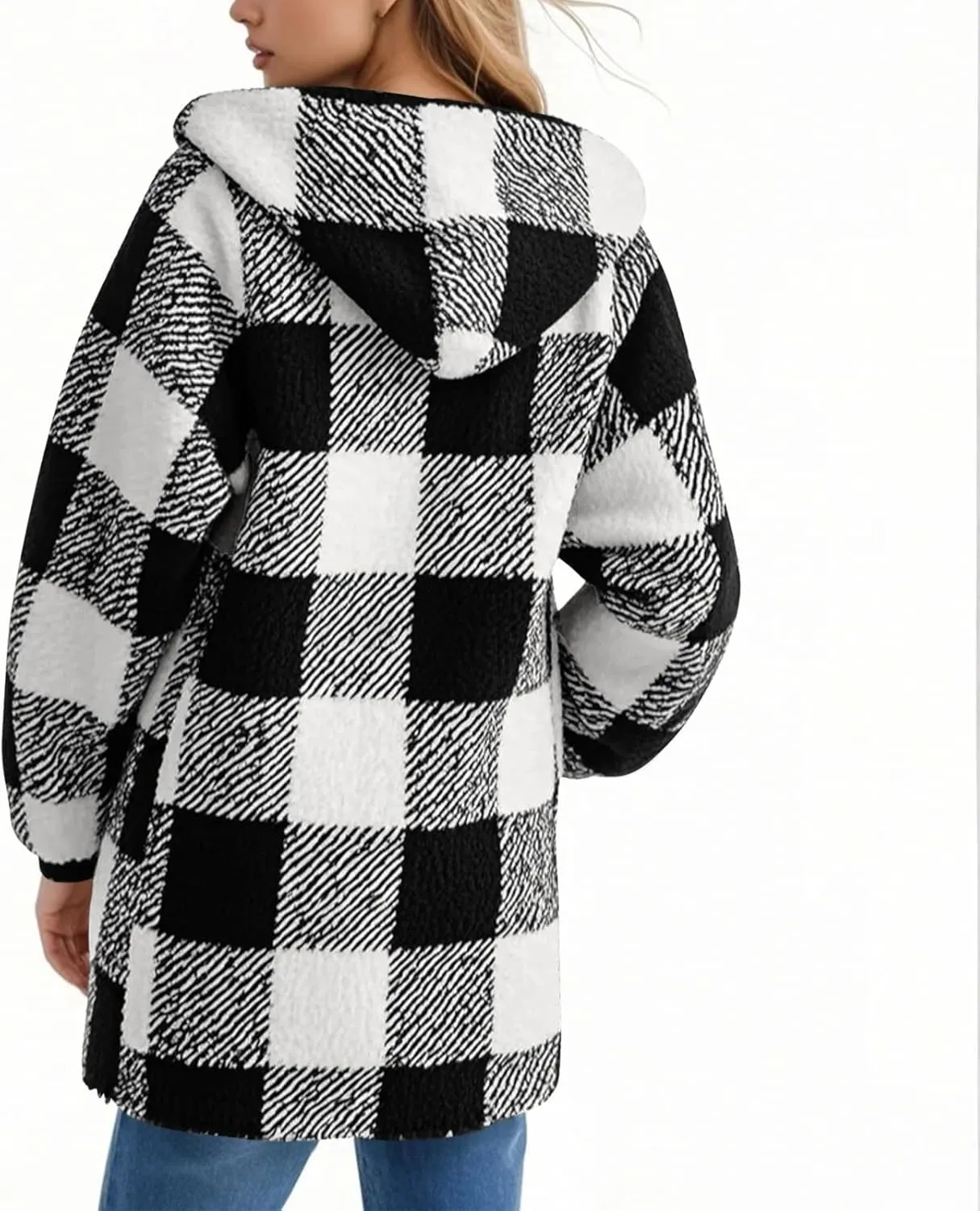 Long Winter Coats for Women Plaid Fuzzy Fleece Plus Size Zip Up Hoodies Casual Comfy Faux Fur Jacket with Pockets