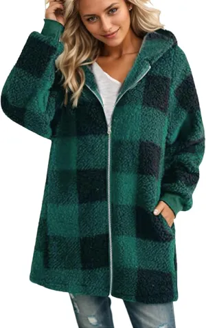 Long Winter Coats for Women Plaid Fuzzy Fleece Plus Size Zip Up Hoodies Casual Comfy Faux Fur Jacket with Pockets