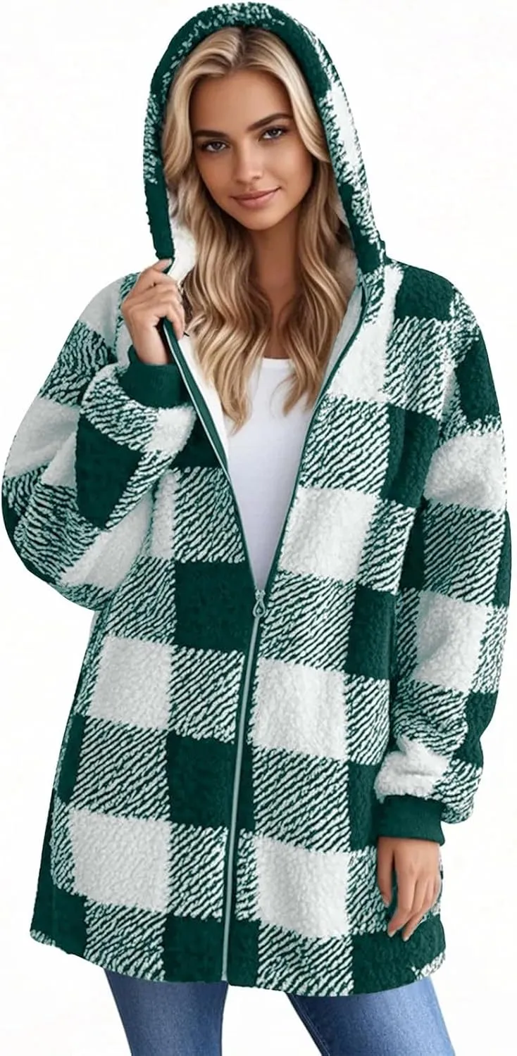 Long Winter Coats for Women Plaid Fuzzy Fleece Plus Size Zip Up Hoodies Casual Comfy Faux Fur Jacket with Pockets
