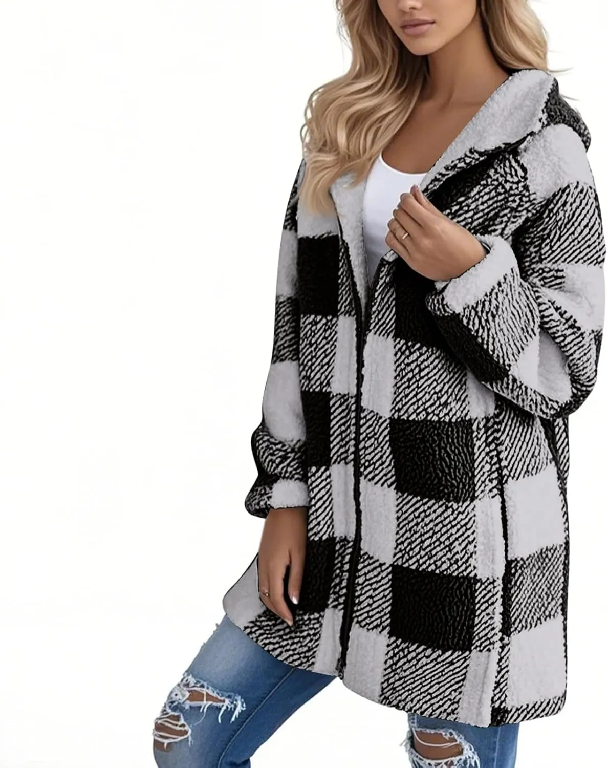 Long Winter Coats for Women Plaid Fuzzy Fleece Plus Size Zip Up Hoodies Casual Comfy Faux Fur Jacket with Pockets