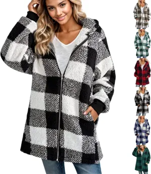 Long Winter Coats for Women Plaid Fuzzy Fleece Plus Size Zip Up Hoodies Casual Comfy Faux Fur Jacket with Pockets