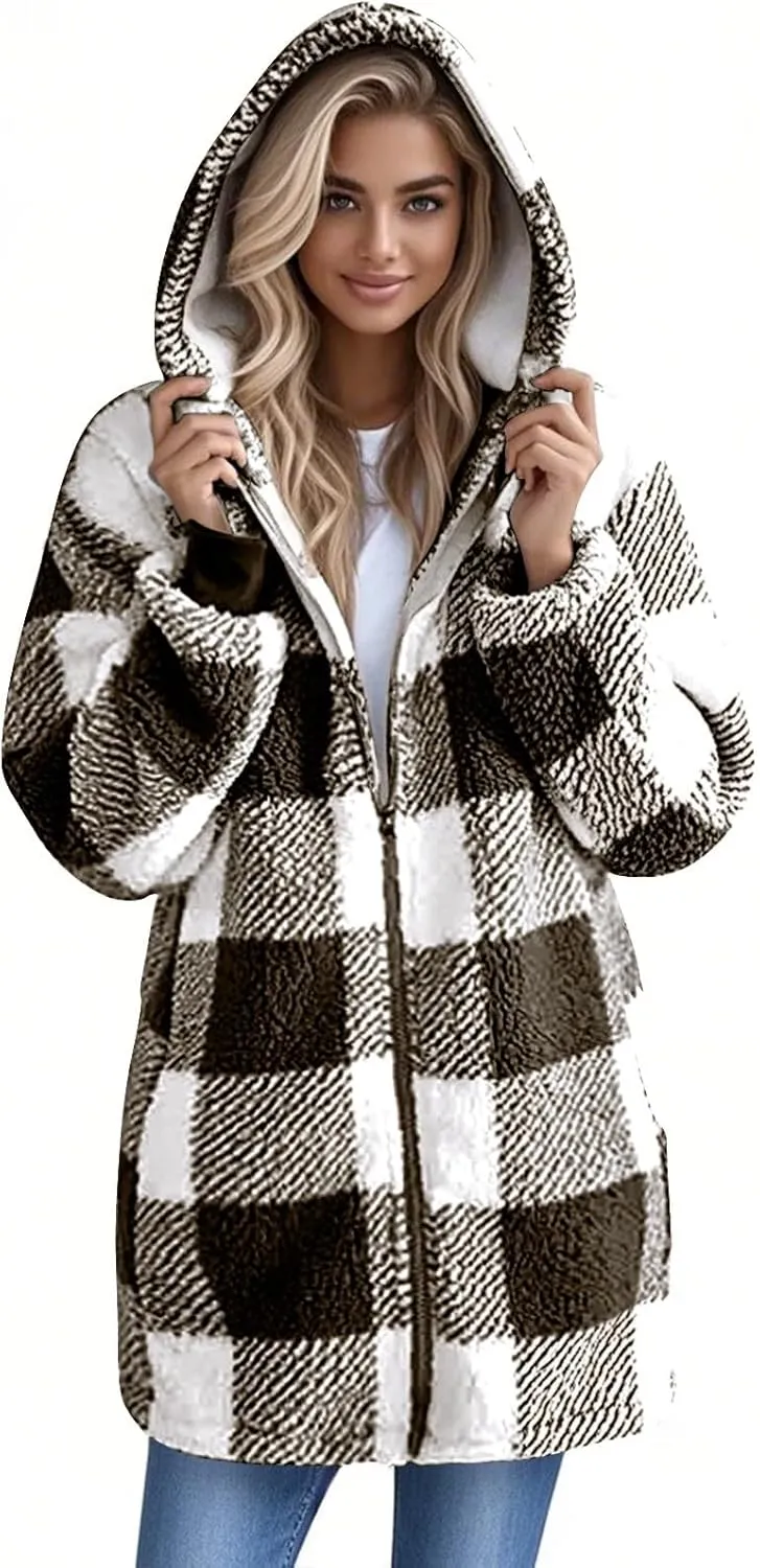 Long Winter Coats for Women Plaid Fuzzy Fleece Plus Size Zip Up Hoodies Casual Comfy Faux Fur Jacket with Pockets