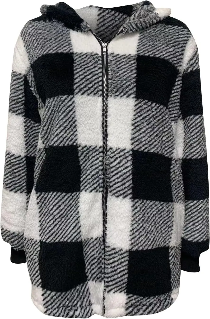 Long Winter Coats for Women Plaid Fuzzy Fleece Plus Size Zip Up Hoodies Casual Comfy Faux Fur Jacket with Pockets