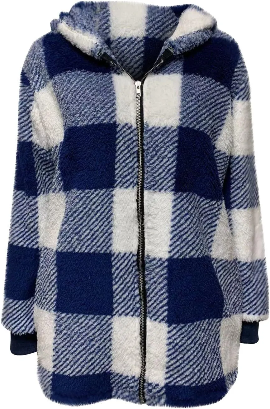 Long Winter Coats for Women Plaid Fuzzy Fleece Plus Size Zip Up Hoodies Casual Comfy Faux Fur Jacket with Pockets