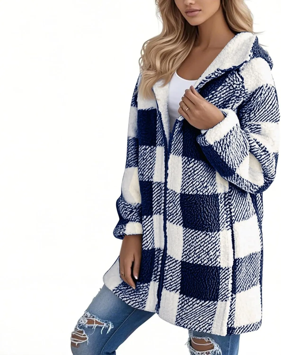 Long Winter Coats for Women Plaid Fuzzy Fleece Plus Size Zip Up Hoodies Casual Comfy Faux Fur Jacket with Pockets