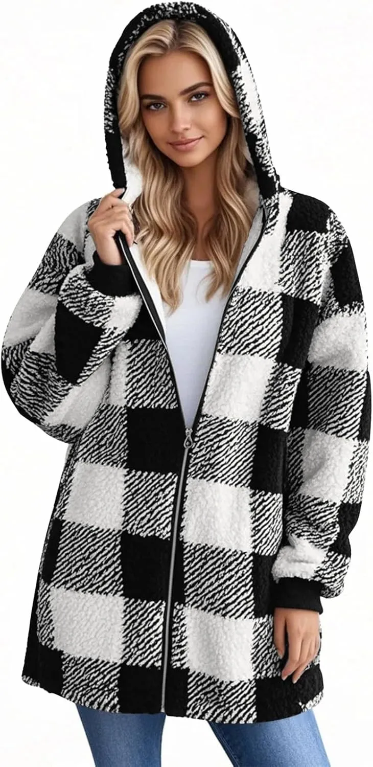 Long Winter Coats for Women Plaid Fuzzy Fleece Plus Size Zip Up Hoodies Casual Comfy Faux Fur Jacket with Pockets