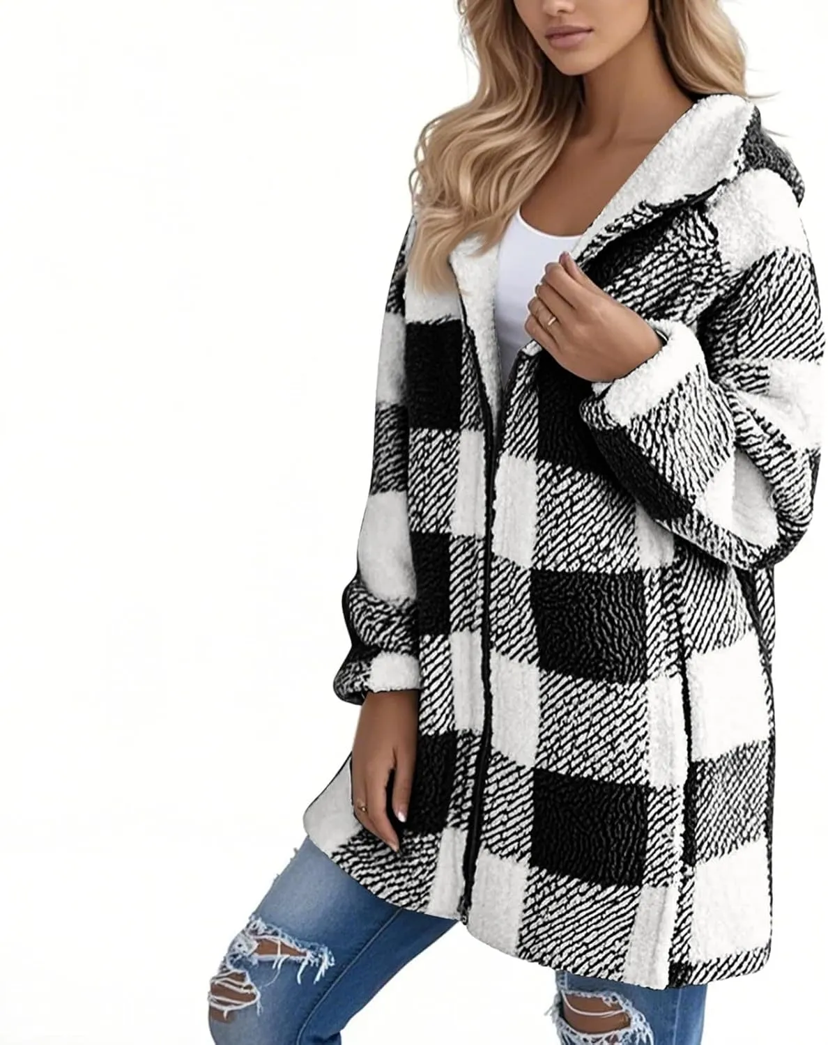 Long Winter Coats for Women Plaid Fuzzy Fleece Plus Size Zip Up Hoodies Casual Comfy Faux Fur Jacket with Pockets