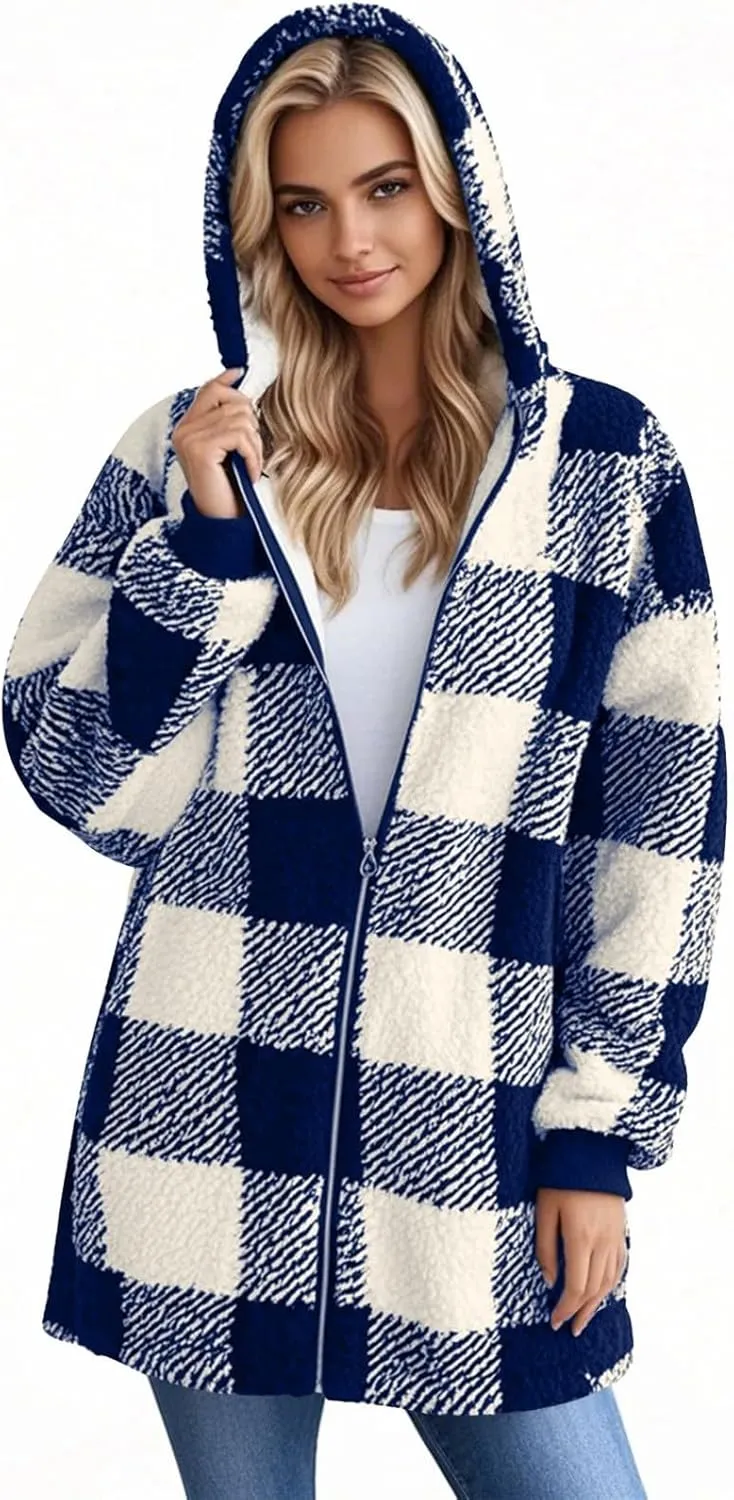Long Winter Coats for Women Plaid Fuzzy Fleece Plus Size Zip Up Hoodies Casual Comfy Faux Fur Jacket with Pockets