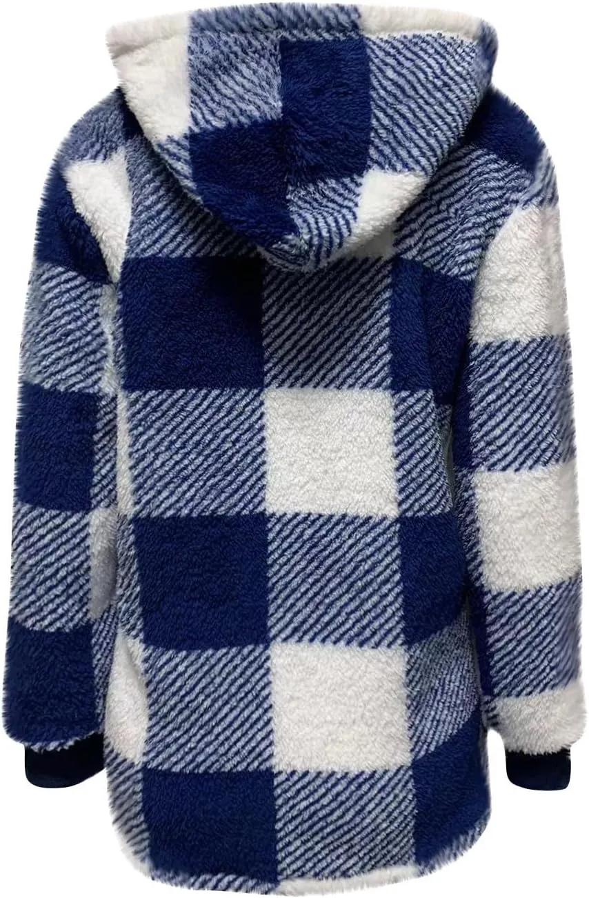 Long Winter Coats for Women Plaid Fuzzy Fleece Plus Size Zip Up Hoodies Casual Comfy Faux Fur Jacket with Pockets