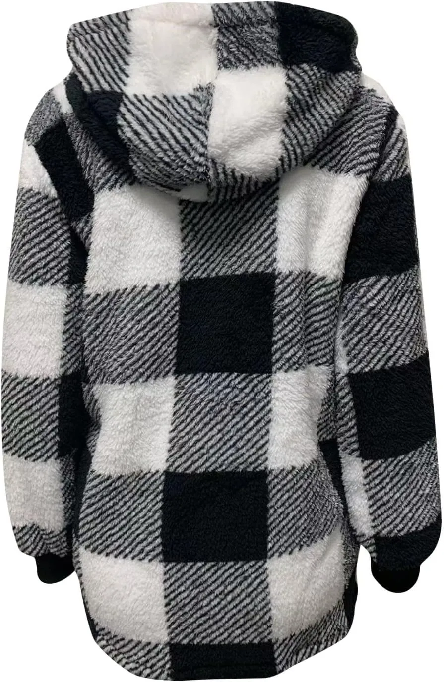 Long Winter Coats for Women Plaid Fuzzy Fleece Plus Size Zip Up Hoodies Casual Comfy Faux Fur Jacket with Pockets