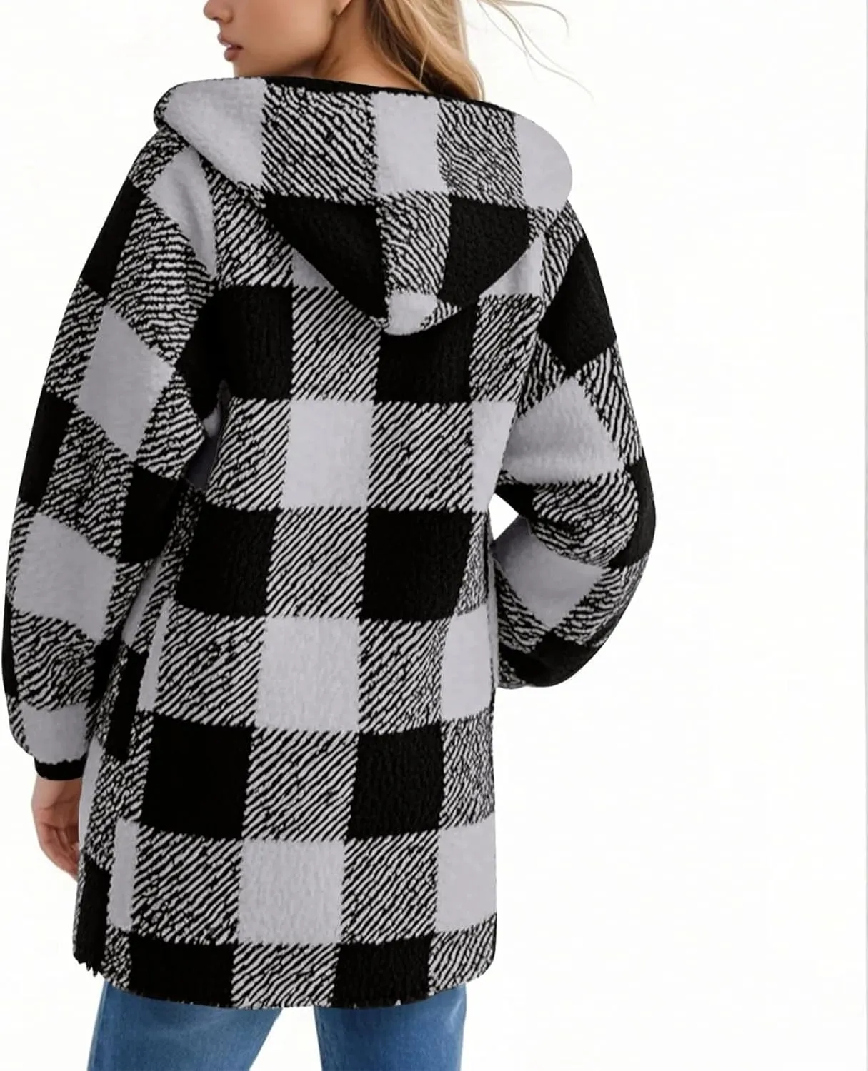 Long Winter Coats for Women Plaid Fuzzy Fleece Plus Size Zip Up Hoodies Casual Comfy Faux Fur Jacket with Pockets
