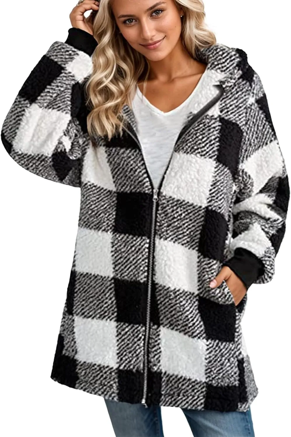 Long Winter Coats for Women Plaid Fuzzy Fleece Plus Size Zip Up Hoodies Casual Comfy Faux Fur Jacket with Pockets