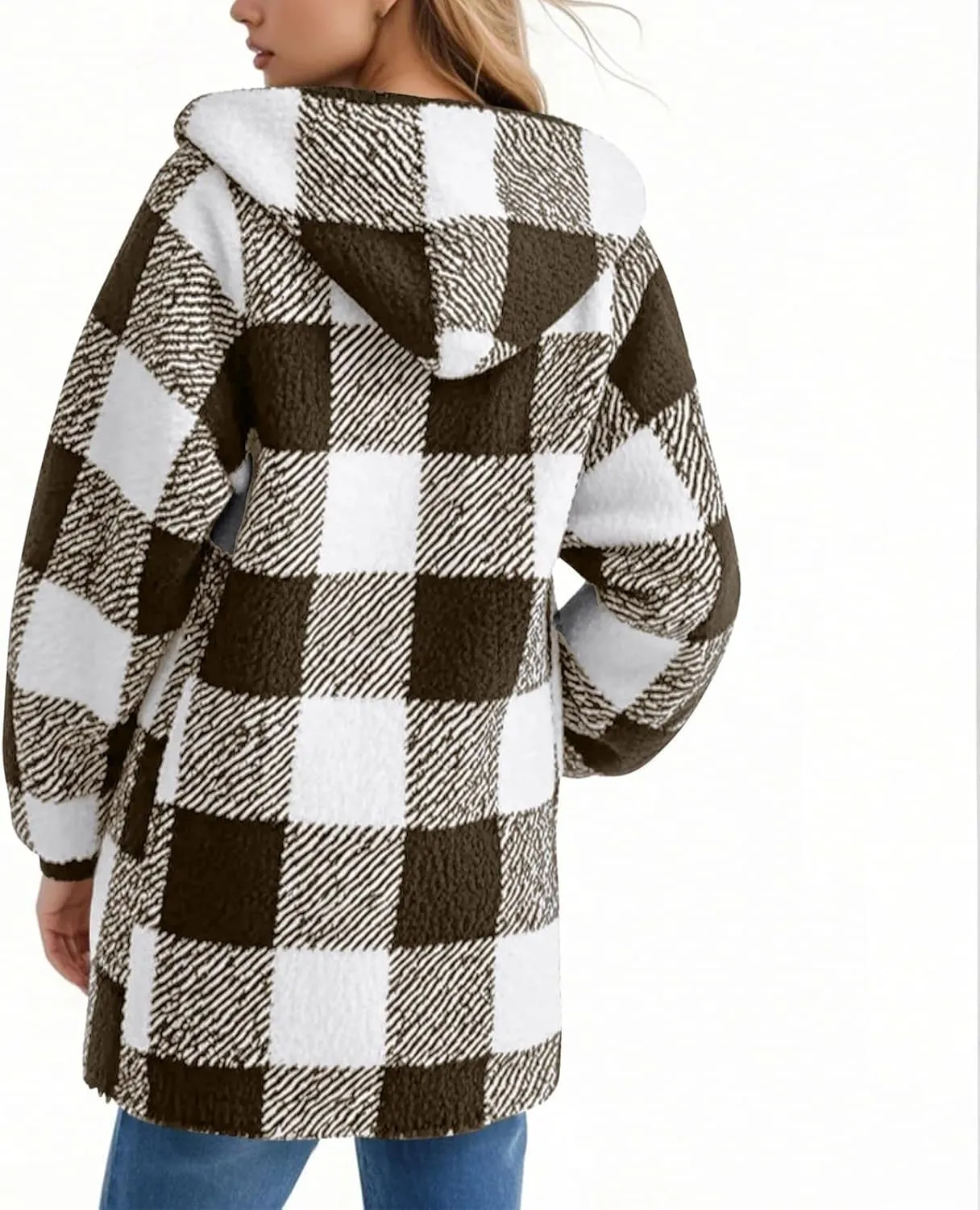 Long Winter Coats for Women Plaid Fuzzy Fleece Plus Size Zip Up Hoodies Casual Comfy Faux Fur Jacket with Pockets