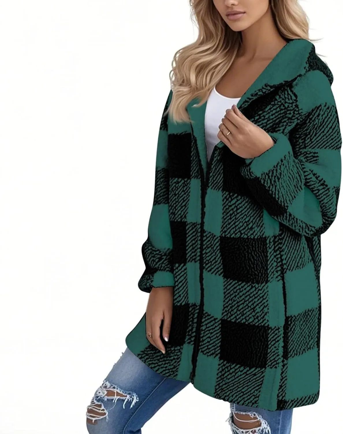 Long Winter Coats for Women Plaid Fuzzy Fleece Plus Size Zip Up Hoodies Casual Comfy Faux Fur Jacket with Pockets