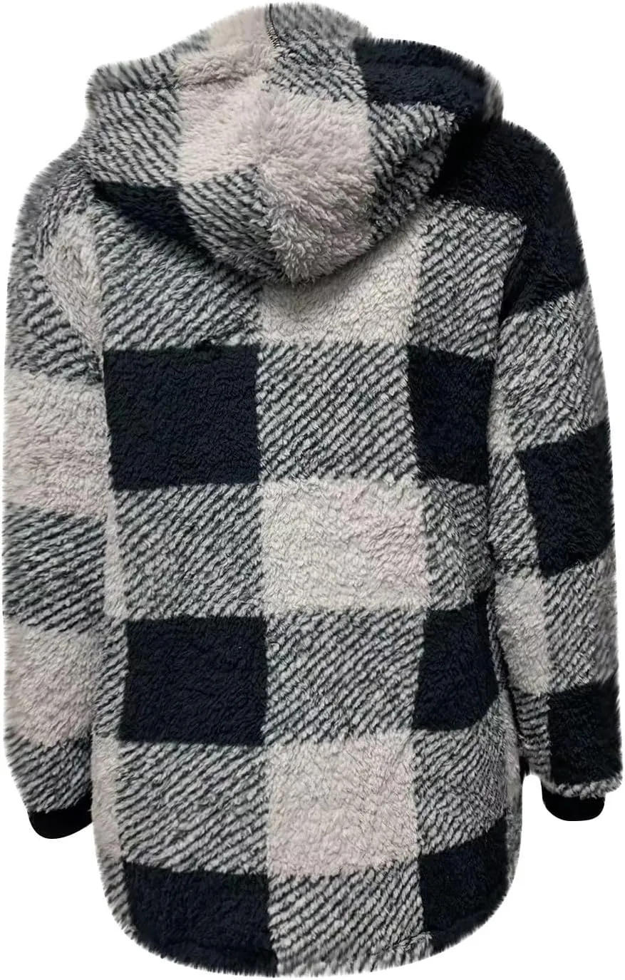 Long Winter Coats for Women Plaid Fuzzy Fleece Plus Size Zip Up Hoodies Casual Comfy Faux Fur Jacket with Pockets