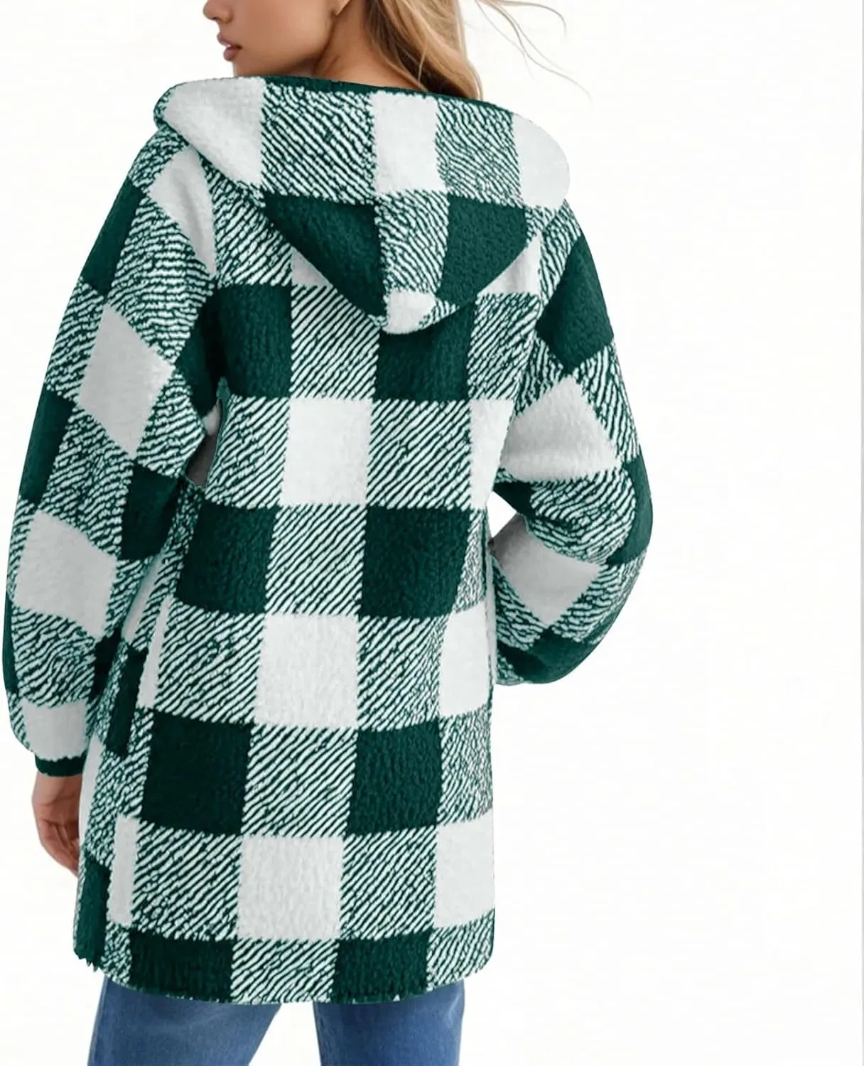 Long Winter Coats for Women Plaid Fuzzy Fleece Plus Size Zip Up Hoodies Casual Comfy Faux Fur Jacket with Pockets