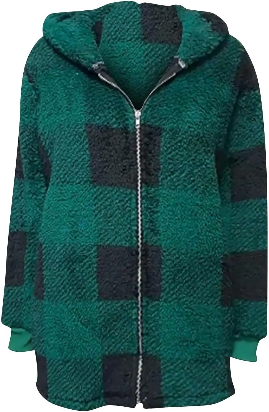 Long Winter Coats for Women Plaid Fuzzy Fleece Plus Size Zip Up Hoodies Casual Comfy Faux Fur Jacket with Pockets