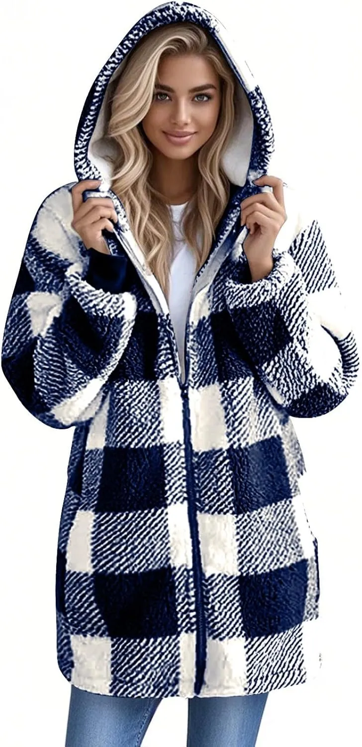 Long Winter Coats for Women Plaid Fuzzy Fleece Plus Size Zip Up Hoodies Casual Comfy Faux Fur Jacket with Pockets