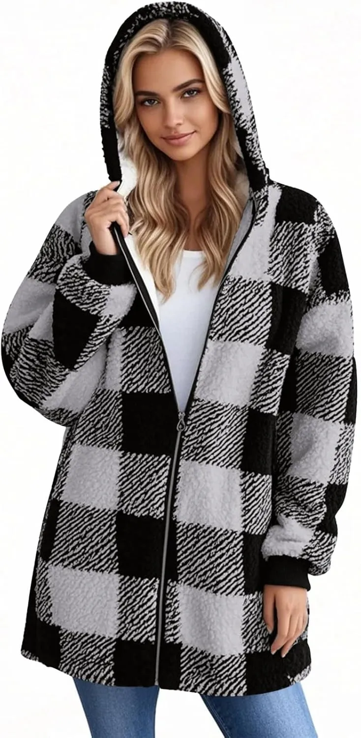 Long Winter Coats for Women Plaid Fuzzy Fleece Plus Size Zip Up Hoodies Casual Comfy Faux Fur Jacket with Pockets