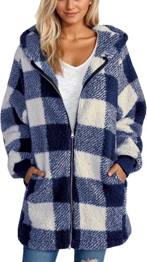 Long Winter Coats for Women Plaid Fuzzy Fleece Plus Size Zip Up Hoodies Casual Comfy Faux Fur Jacket with Pockets