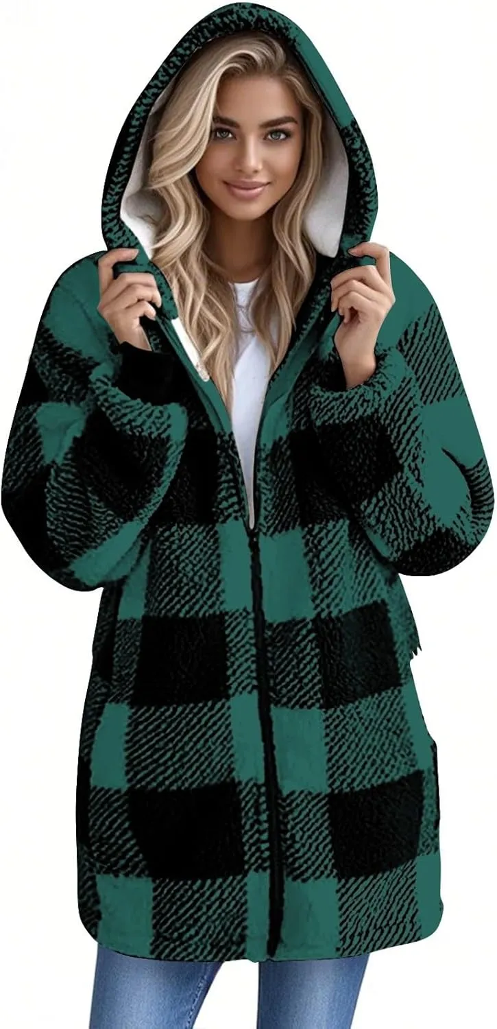 Long Winter Coats for Women Plaid Fuzzy Fleece Plus Size Zip Up Hoodies Casual Comfy Faux Fur Jacket with Pockets