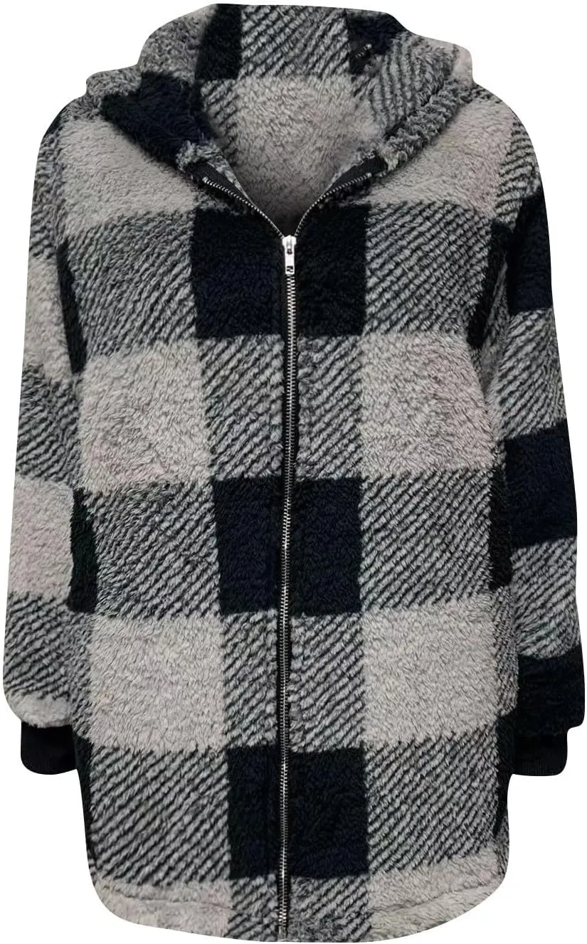 Long Winter Coats for Women Plaid Fuzzy Fleece Plus Size Zip Up Hoodies Casual Comfy Faux Fur Jacket with Pockets