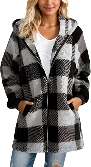 Long Winter Coats for Women Plaid Fuzzy Fleece Plus Size Zip Up Hoodies Casual Comfy Faux Fur Jacket with Pockets