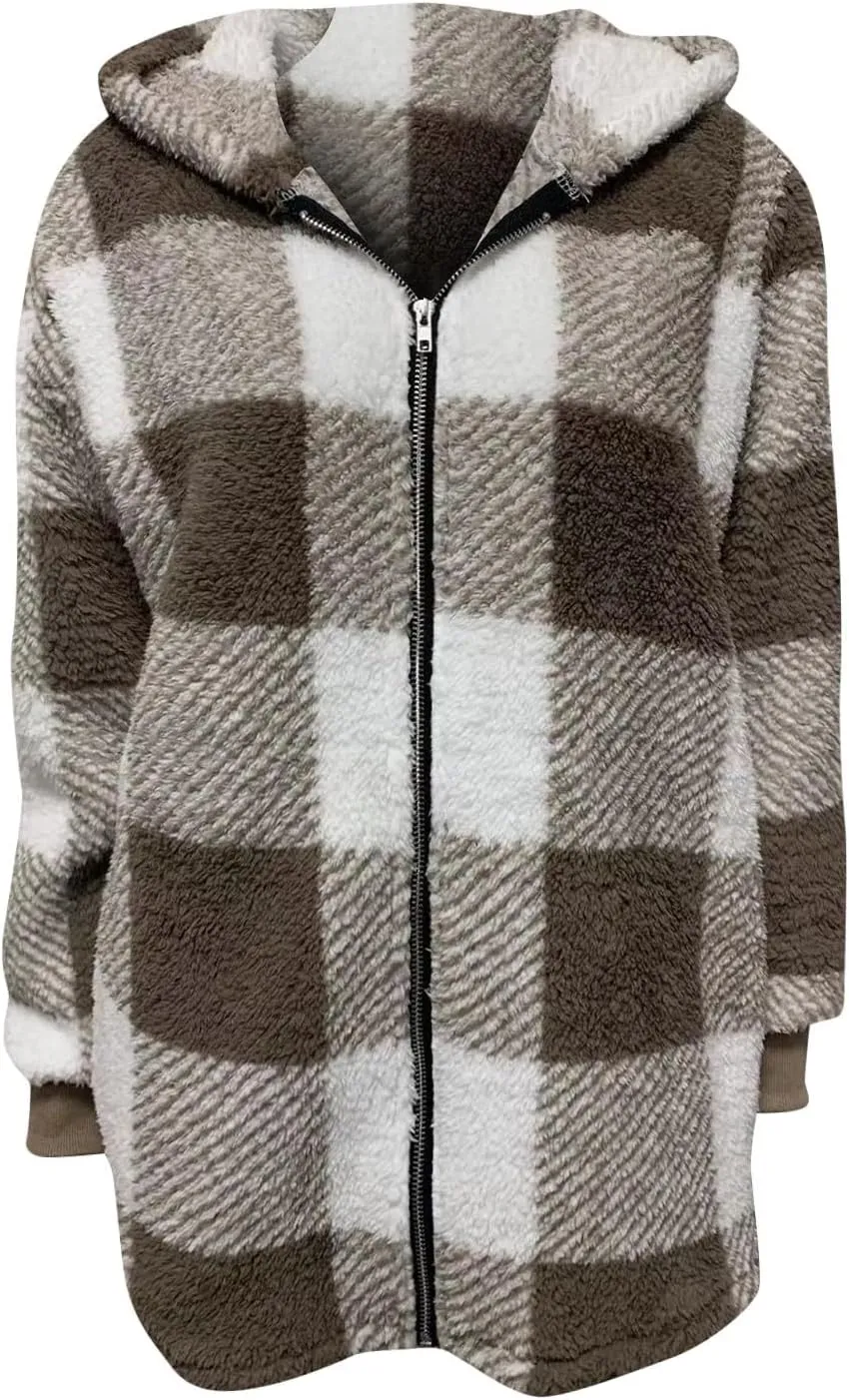 Long Winter Coats for Women Plaid Fuzzy Fleece Plus Size Zip Up Hoodies Casual Comfy Faux Fur Jacket with Pockets