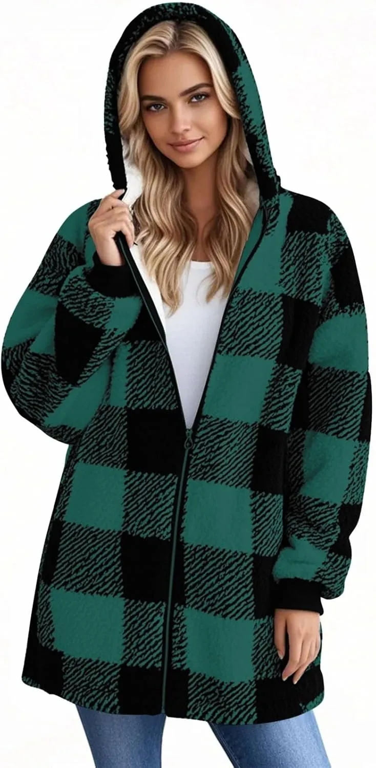 Long Winter Coats for Women Plaid Fuzzy Fleece Plus Size Zip Up Hoodies Casual Comfy Faux Fur Jacket with Pockets