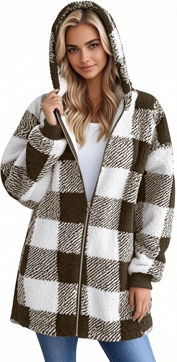Long Winter Coats for Women Plaid Fuzzy Fleece Plus Size Zip Up Hoodies Casual Comfy Faux Fur Jacket with Pockets
