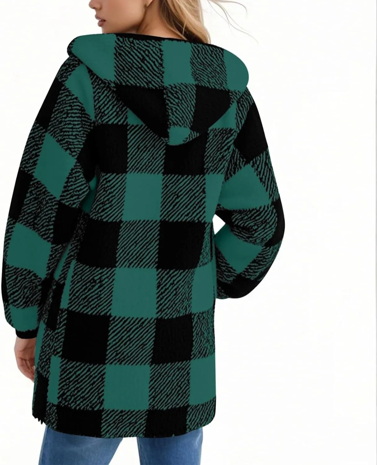 Long Winter Coats for Women Plaid Fuzzy Fleece Plus Size Zip Up Hoodies Casual Comfy Faux Fur Jacket with Pockets