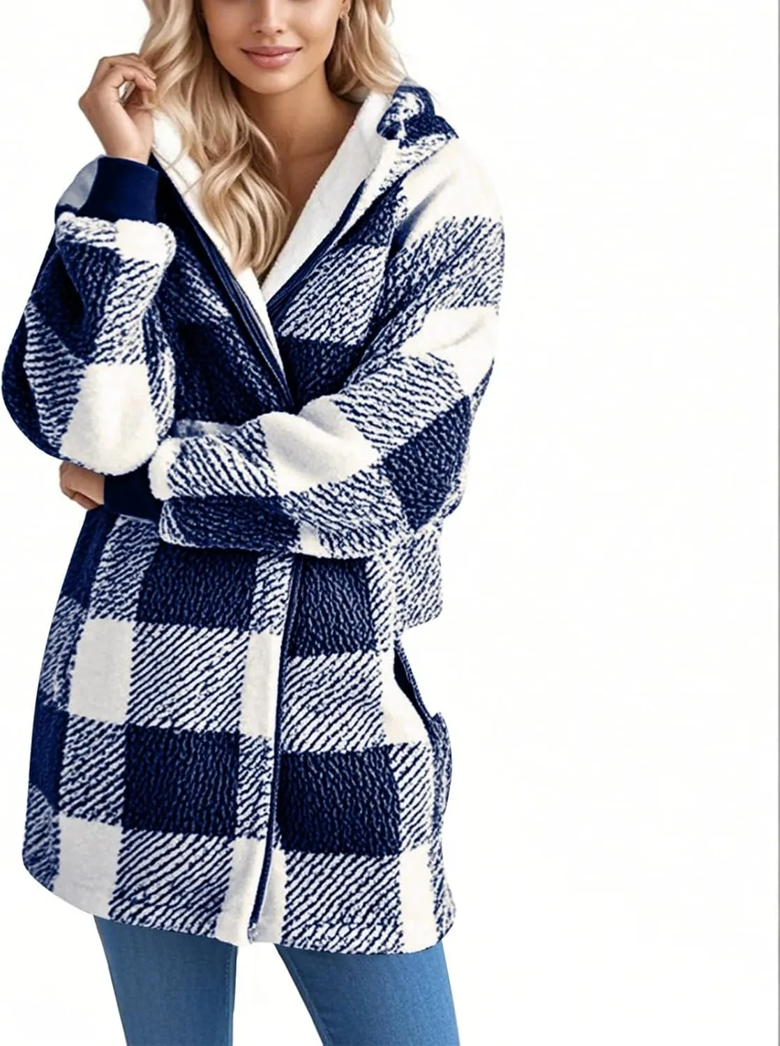 Long Winter Coats for Women Plaid Fuzzy Fleece Plus Size Zip Up Hoodies Casual Comfy Faux Fur Jacket with Pockets