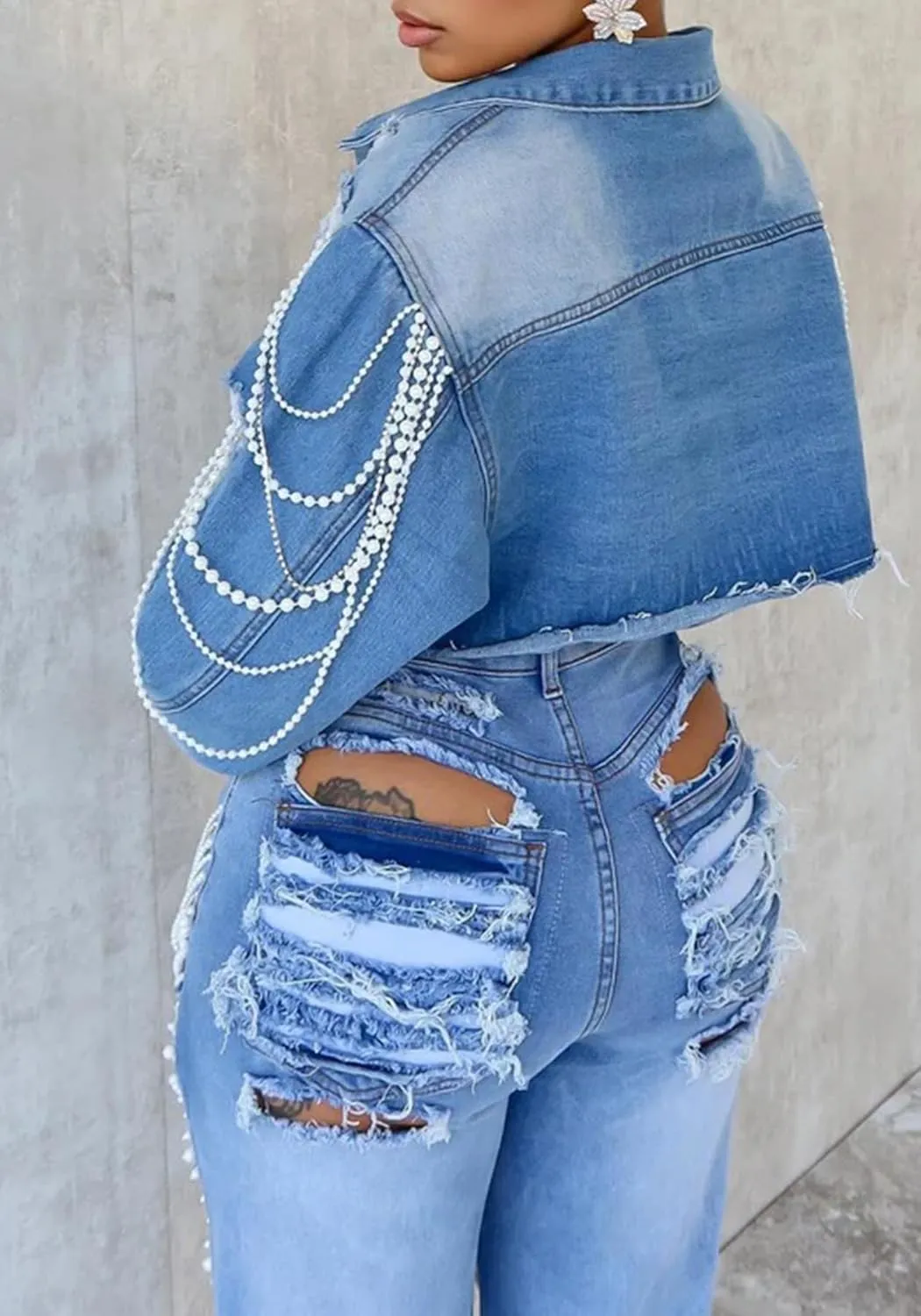 Lucuna Women's Cropped Denim Jacket Long Sleeve Trendy Pearl Distressed Crop Top Jean Jacket Coat