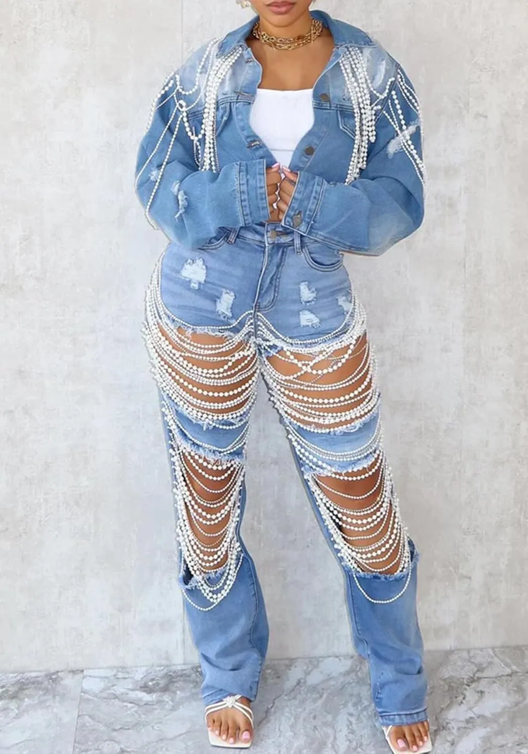 Lucuna Women's Cropped Denim Jacket Long Sleeve Trendy Pearl Distressed Crop Top Jean Jacket Coat