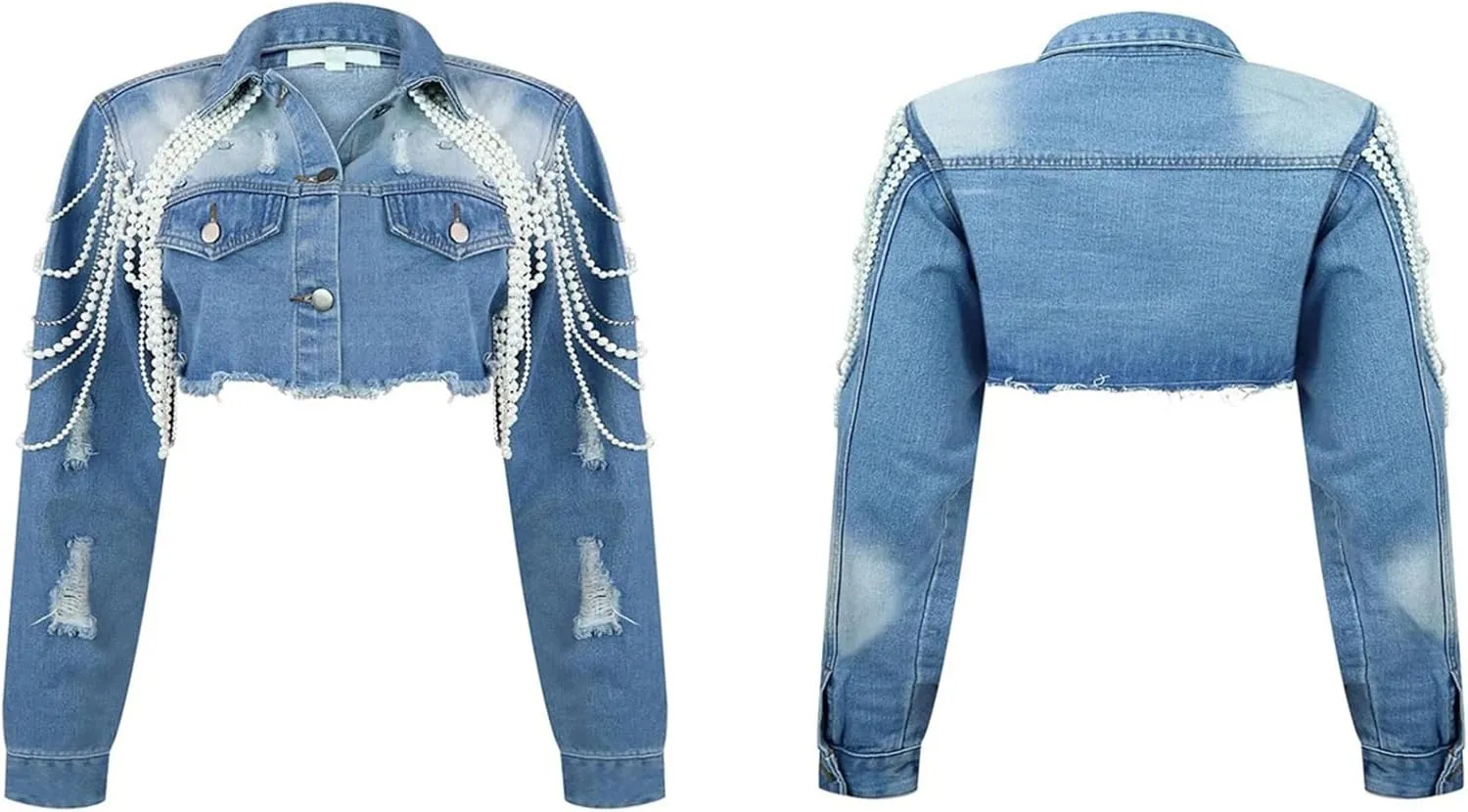 Lucuna Women's Cropped Denim Jacket Long Sleeve Trendy Pearl Distressed Crop Top Jean Jacket Coat