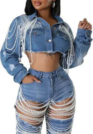 Lucuna Women's Cropped Denim Jacket Long Sleeve Trendy Pearl Distressed Crop Top Jean Jacket Coat