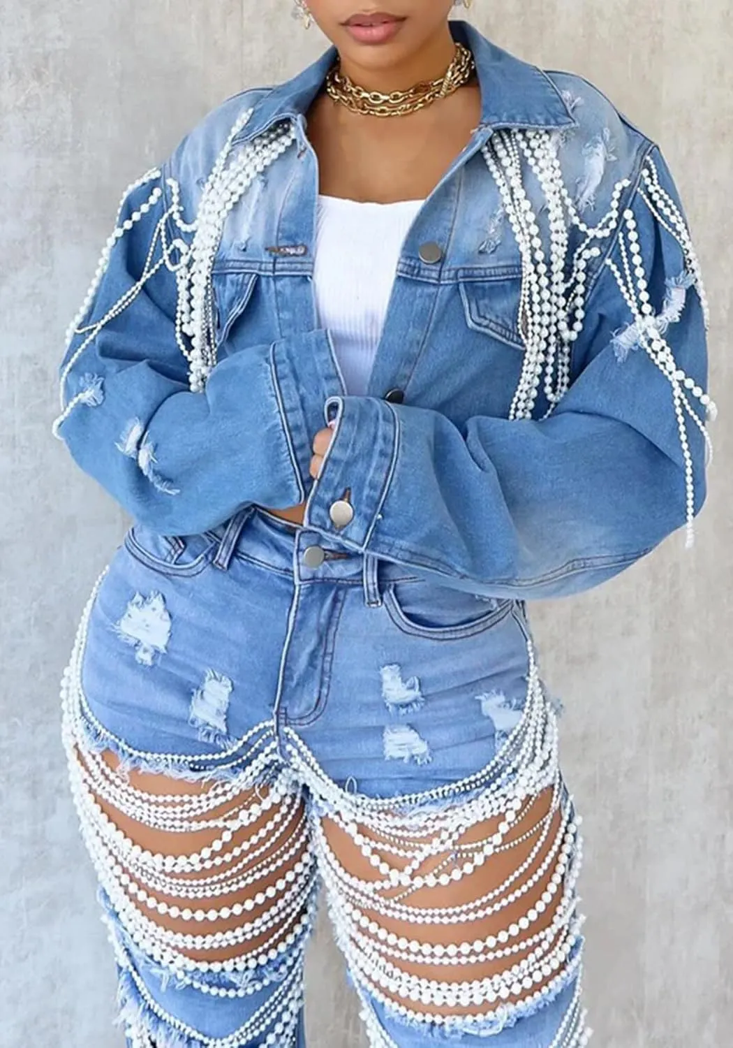 Lucuna Women's Cropped Denim Jacket Long Sleeve Trendy Pearl Distressed Crop Top Jean Jacket Coat