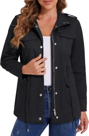 MAGCOMSEN Women's Utility Jackets Lightweight Anorak Drawstring Waist Zip Up Field Military Casual Coat with 4 Pockets