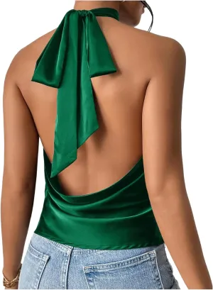 MakeMeChic Women's Halter Tops Satin Silk Backless Sleeveless Summer Camisole Going Out Top