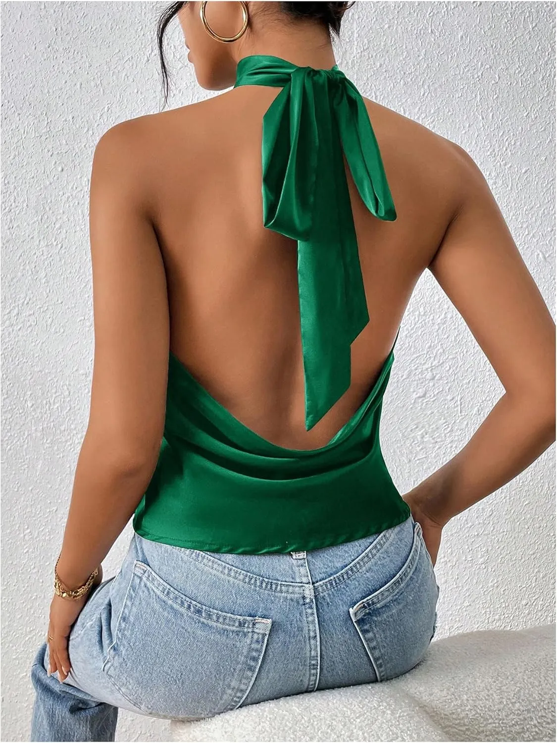 MakeMeChic Women's Halter Tops Satin Silk Backless Sleeveless Summer Camisole Going Out Top