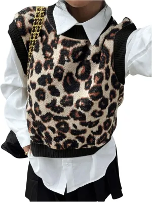 MakeMeChic Women's Leopard Print Vest Top Y2K Crew Neck Sleeveless Sweater Vests