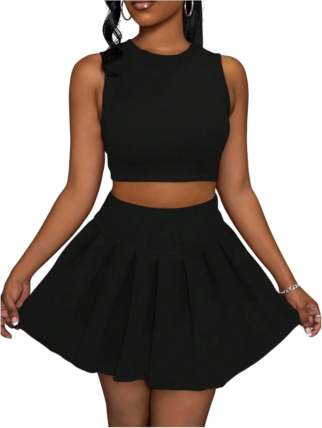 MakeMeChic Women's Two Piece Skirt Set Crop Tank Top Y2K Pleated Mini Skirt