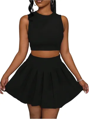 MakeMeChic Women's Two Piece Skirt Set Crop Tank Top Y2K Pleated Mini Skirt