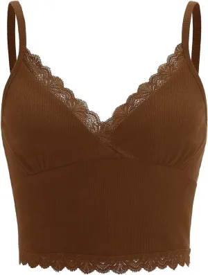 MakeMeChic Women's Y2K Lace Trim V Neck Sleeveless Cami Crop Top Camisole