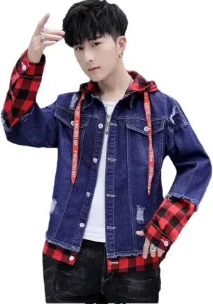 Male Jean Coat With Hole Ripped Men's Denim Jacket Light Piece Vintage Korea Loose Washed Outwear